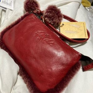 Patricia Nash Berry Red Piedmont Sherpa Wristlet 100%Italian Leather